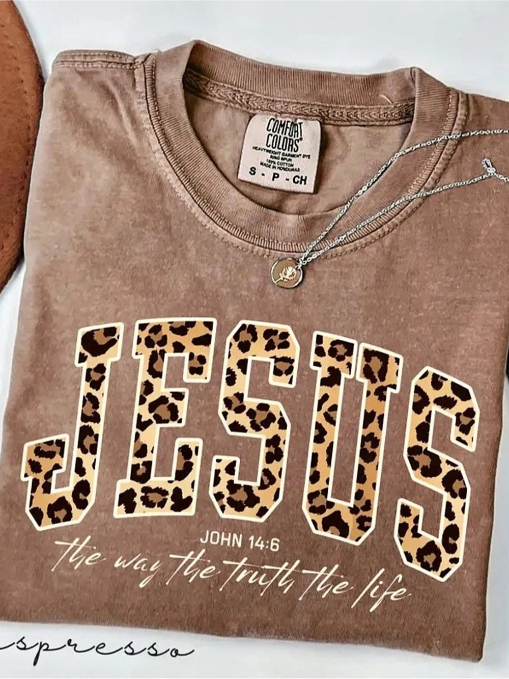 Comfort Colors Espresso Jesus John 14:6 Leopard Print Graphic Tee